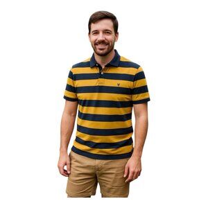 Volcom Mens Striped Short Sleeve Polo Shirt~Size M~Blue Yellow Y2K✨Skate L10 05